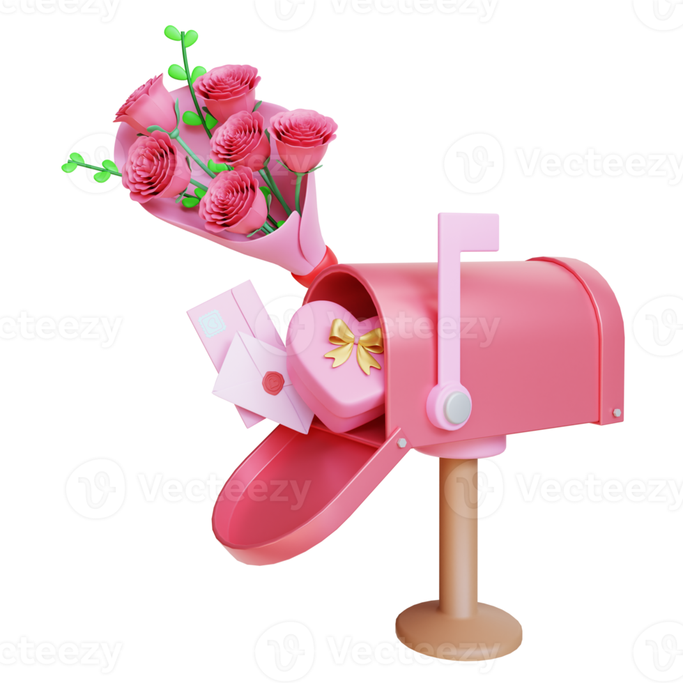 3d render valentine's mailbox with flower bouquet and love letter png