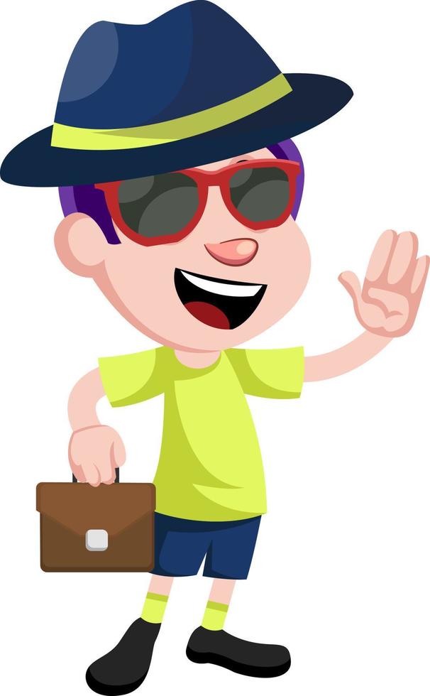 Boy with suitcase, illustration, vector on white background.