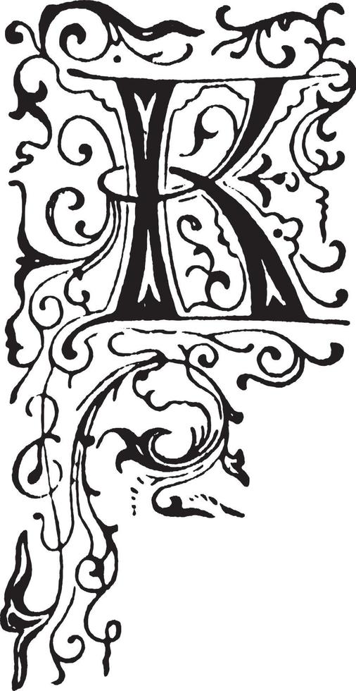 K, Floral initial, vintage illustration vector