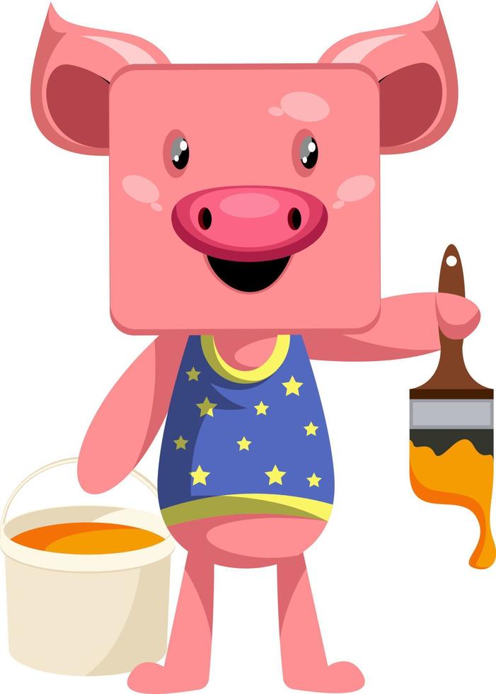 Pig with paintbrush, illustration, vector on white background.