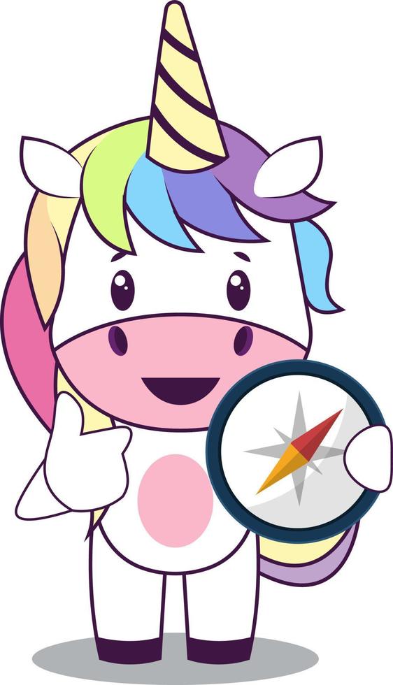 Unicornio con compas, ilustración, vector sobre fondo blanco.