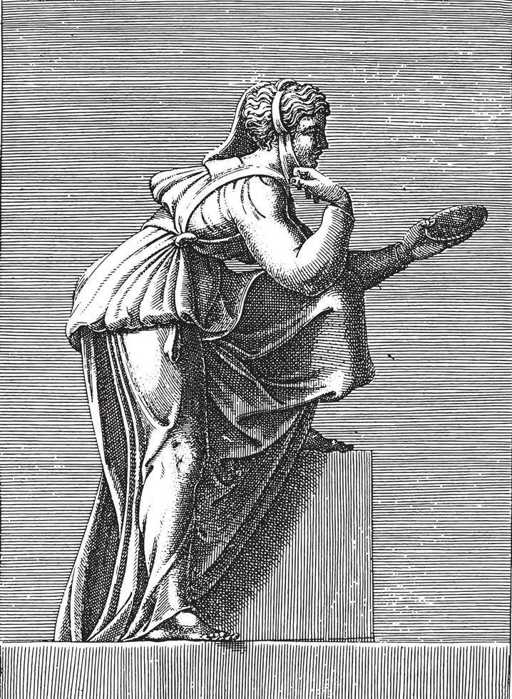Woman with a Mirror, Adamo Scultori, after Michelangelo, 1585, vintage illustration. vector
