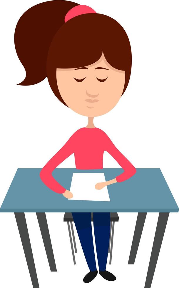 chica tomando examen, ilustración, vector sobre fondo blanco.