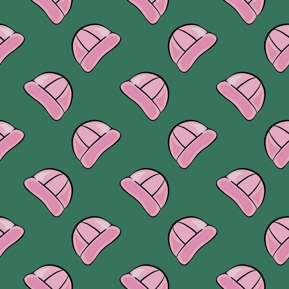 Pink cap, seamless pattern on green background. vector