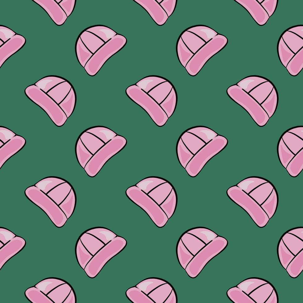 Pink cap, seamless pattern on green background. vector