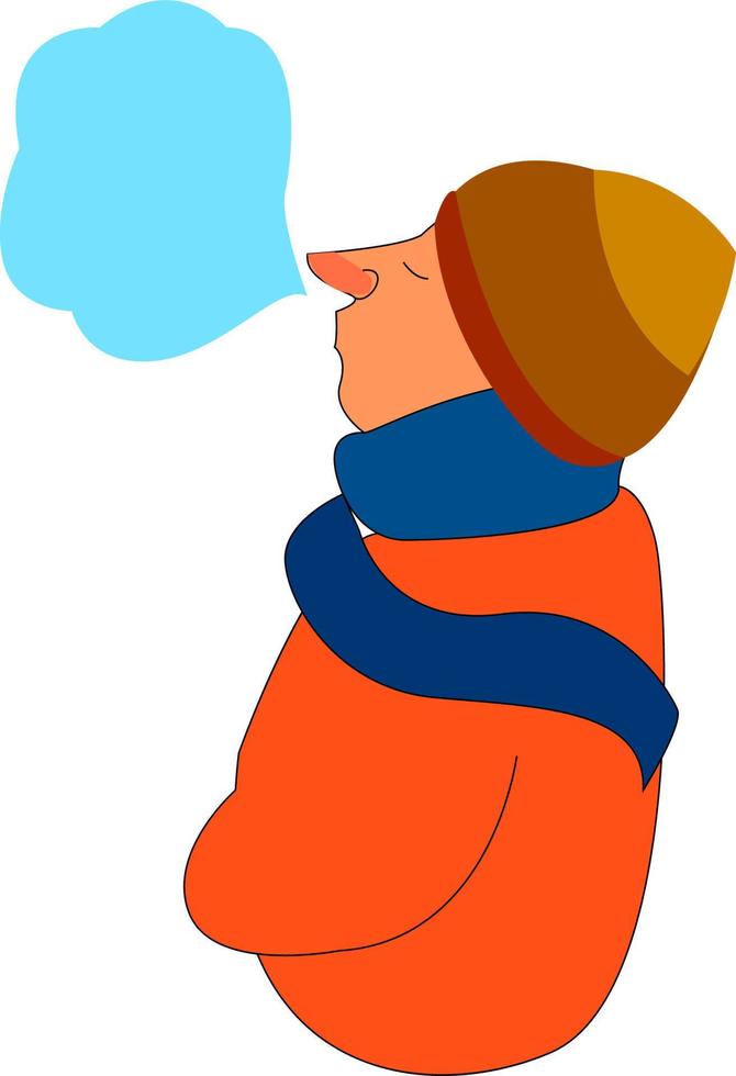 A frozen boy in an orange sweater, vector or color illustration.