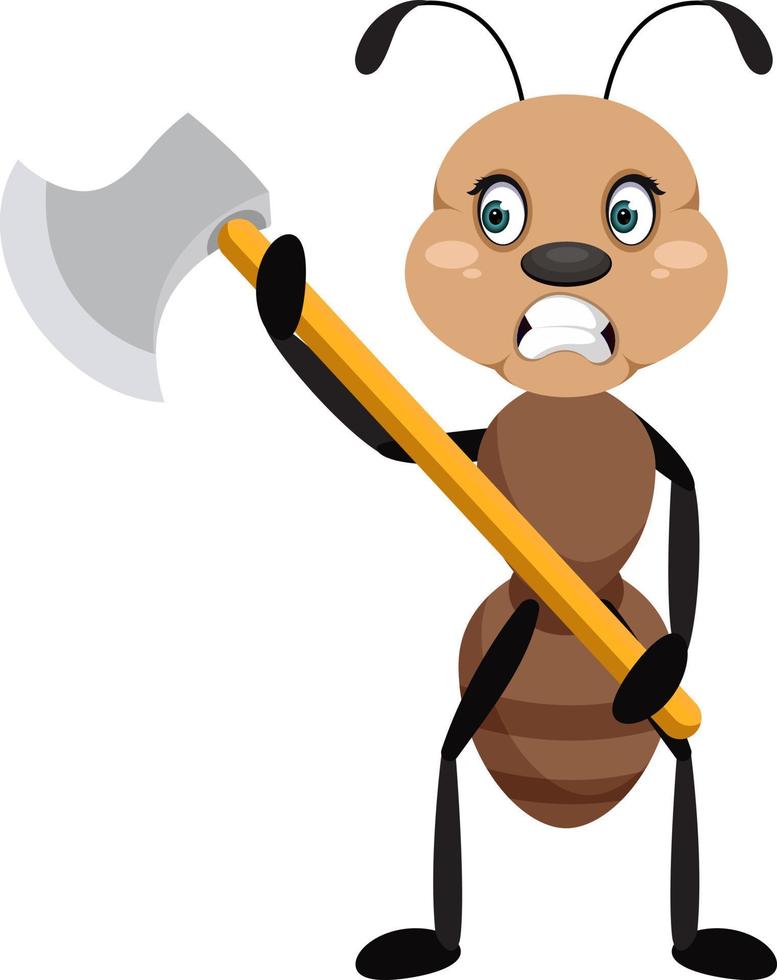 Ant holding big axe, illustration, vector on white background.