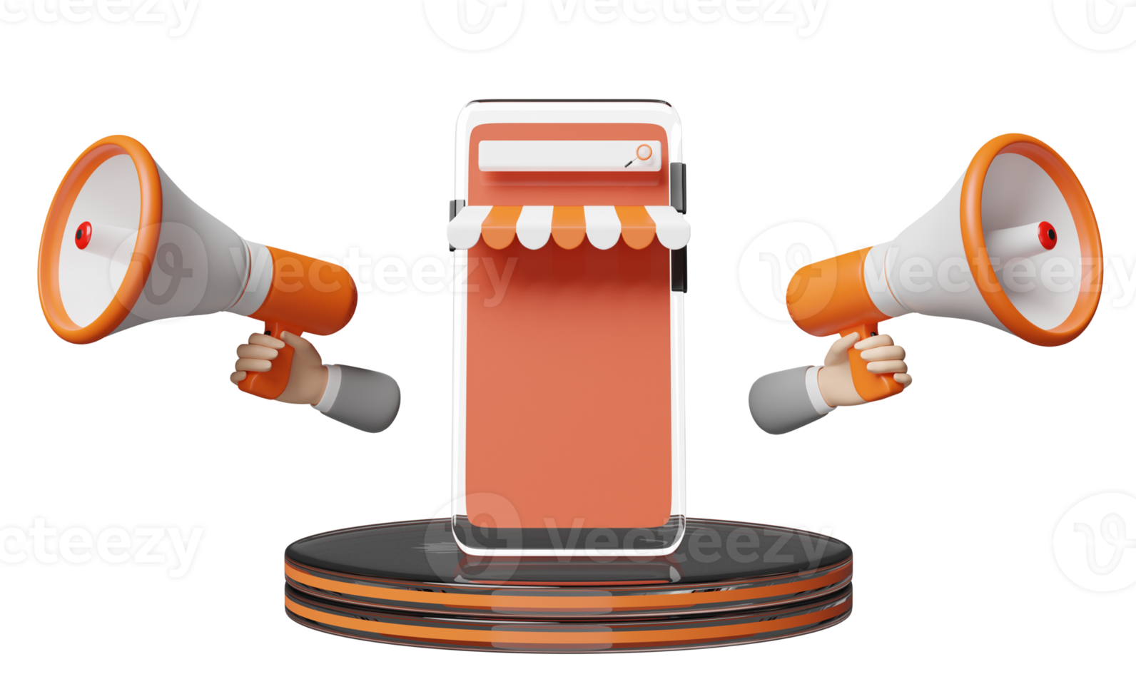 podium and mobile phone, smartphone with store front, businessman hands holding megaphone, hand speaker  isolated. online shopping, search data concept, 3d illustration, 3d render png