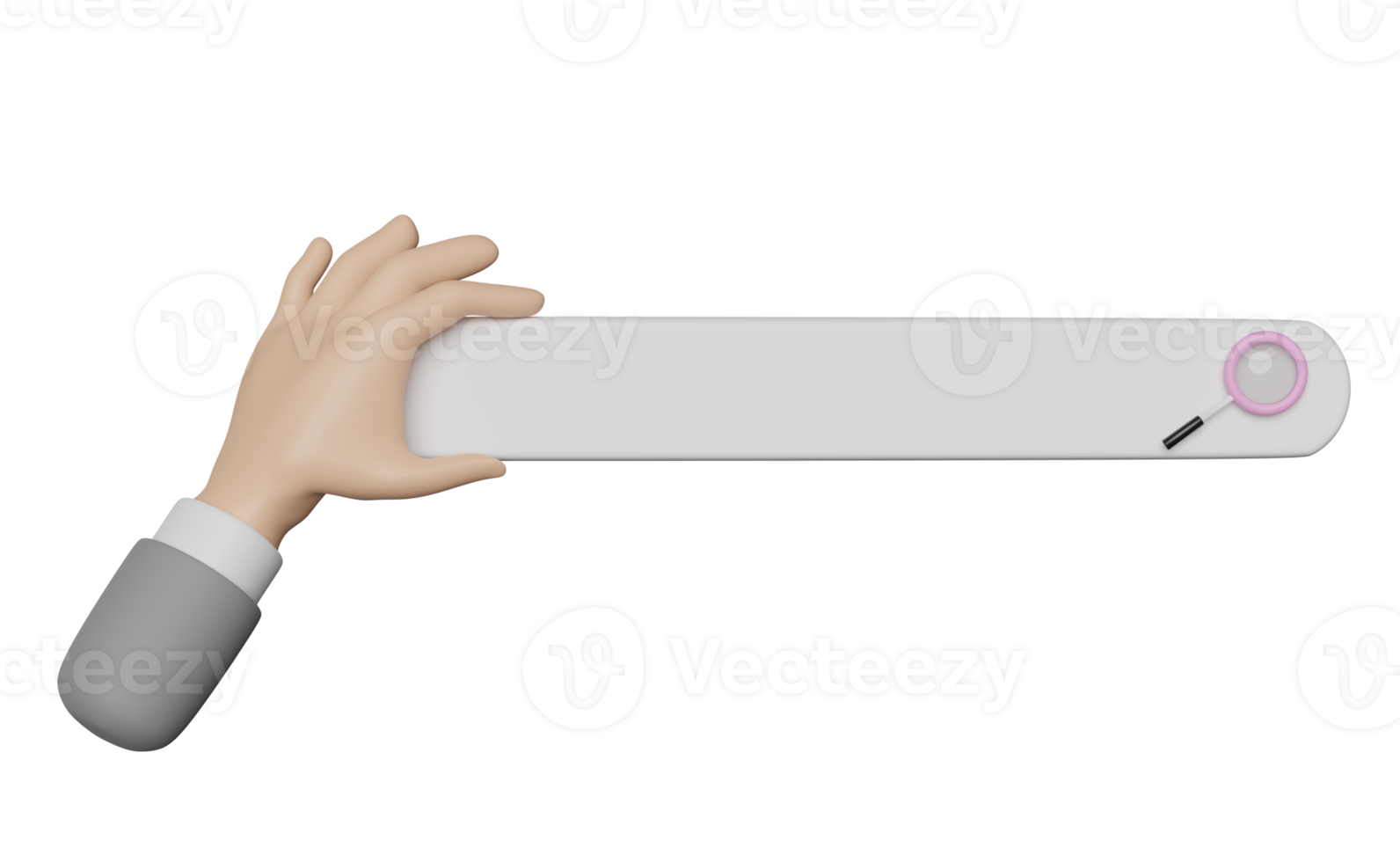 uomo d'affari mani Tenere vuoto ricerca bar con ingrandimento bicchiere isolato. minimo ragnatela ricerca motore o ragnatela navigazione concetto, 3d illustrazione o 3d rendere png