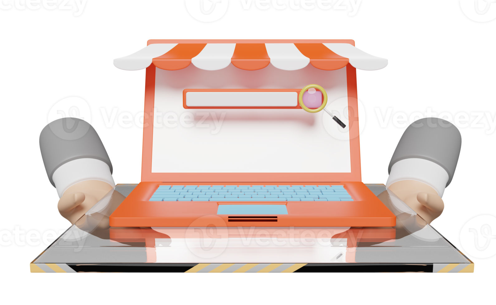businessman hands holding podium and orange laptop computer monitor with store front, blank search bar isolated. online shopping, search data concept, 3d illustration, 3d render png
