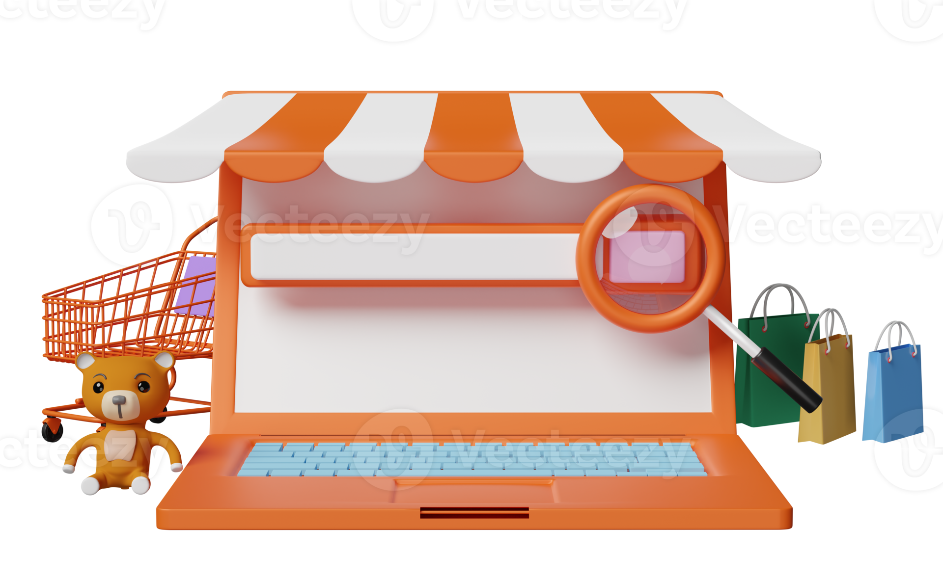 orange computer monitor with store front, cart, paper bags, magnifying