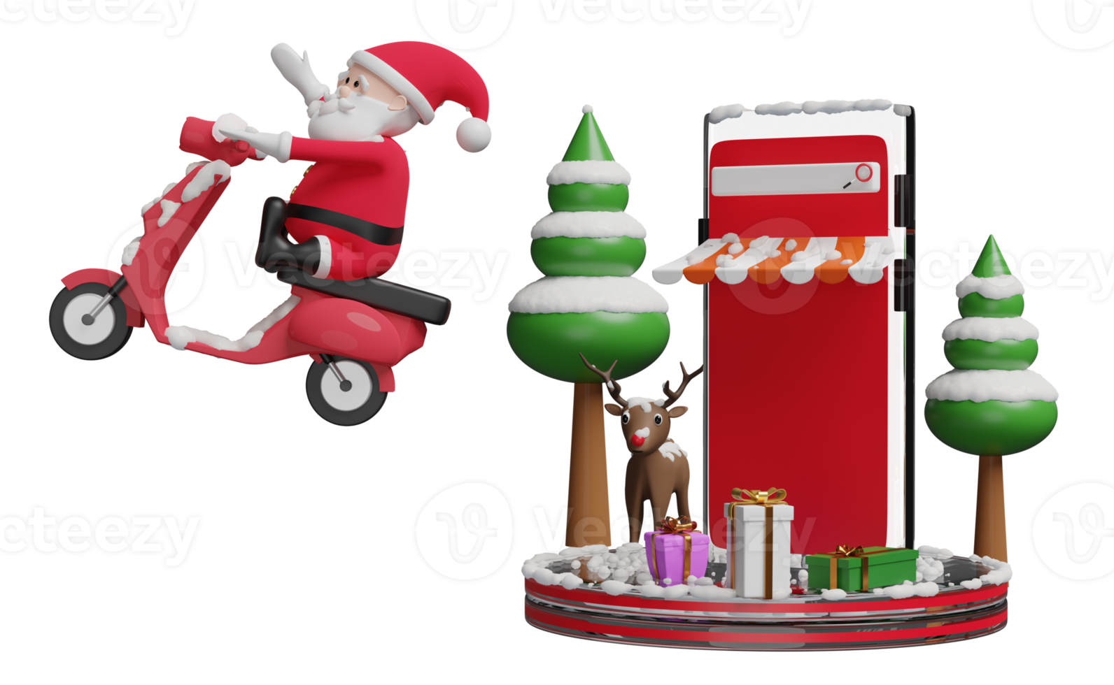 mobile phone, smartphone, podium with store front, Santa claus, christmas tree, reindeer, scooter isolated. online shopping, website, banner, festive new year, 3d illustration or 3d render png