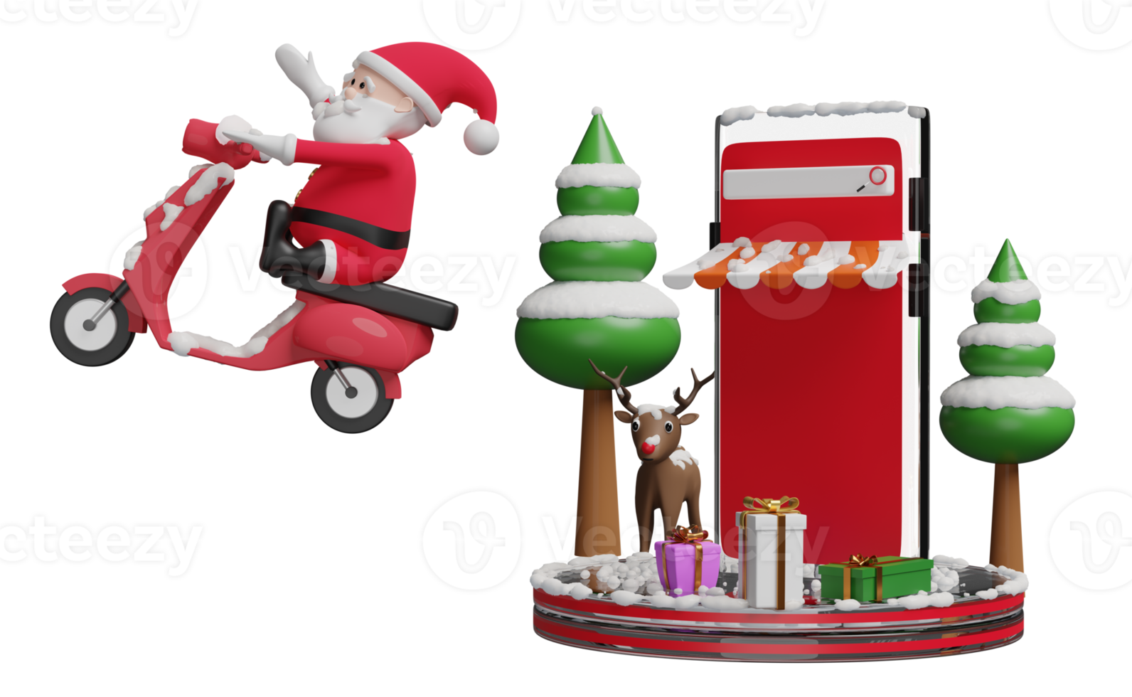 teléfono móvil, teléfono inteligente, podio con escaparate, santa claus, árbol de navidad, reno, scooter aislado. compras en línea, sitio web, banner, año nuevo festivo, ilustración 3d o presentación 3d png