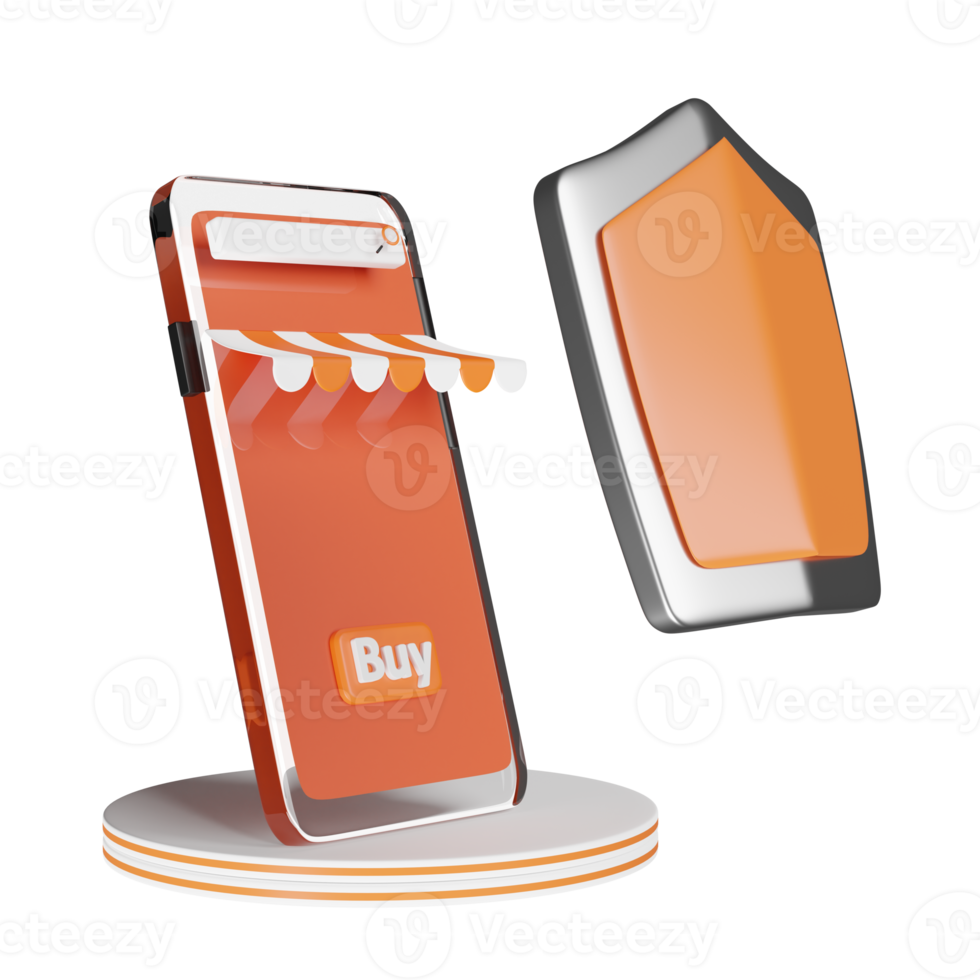 orange mobile phone or smartphone with store front, shield isolated. Internet security or privacy protection or ransomware protect concept, 3d illustration or 3d render png