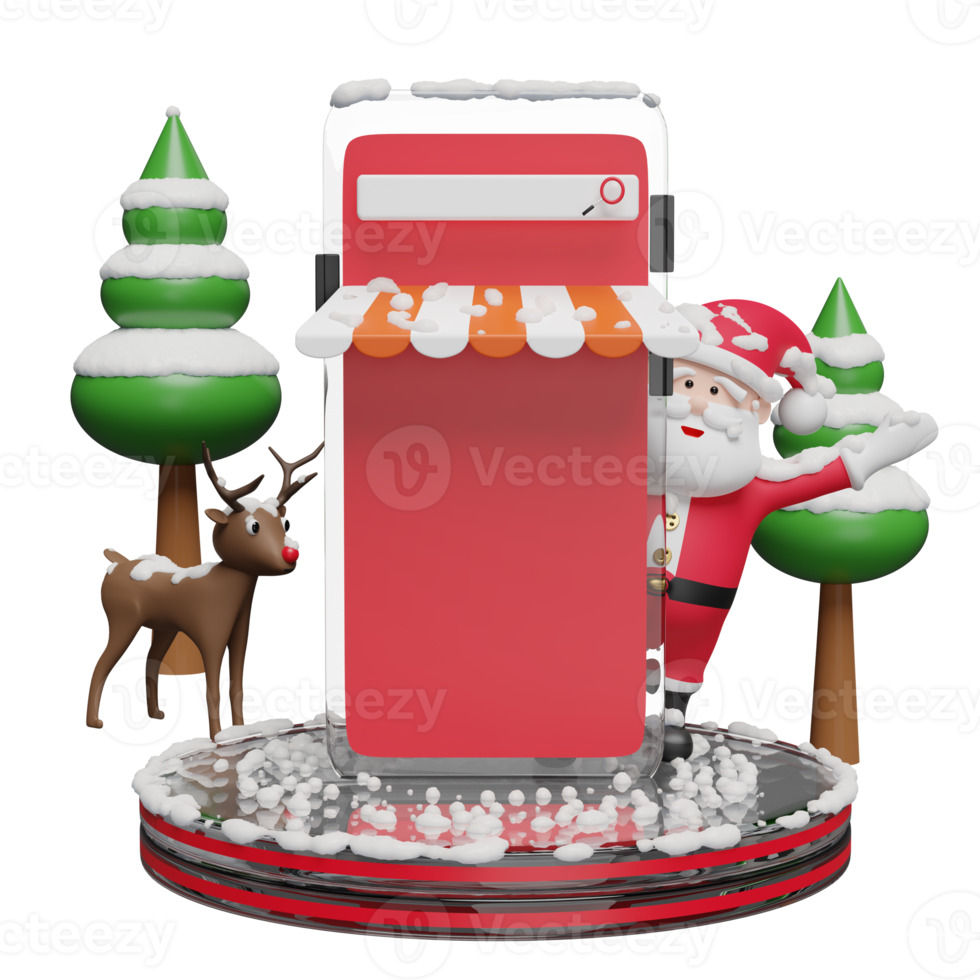 red mobile phone or smartphone and podium with store front, Santa claus, christmas tree, reindeer isolated. online shopping, website, banner, festive new year, 3d illustration or 3d render png