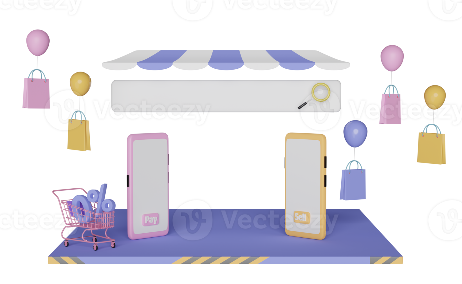 mobile phone or smartphone with store front, shopping cart, paper bags, magnifying glass, blank search bar isolated. online shopping or search data concept, 3d illustration or 3d render png