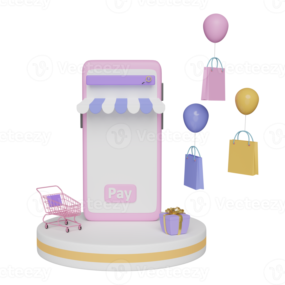 stage podium and mobile phone, smartphone with store front, shopping cart, magnifying glass, paper bags, gift box isolated. online shopping, search data concept, 3d illustration, 3d render png