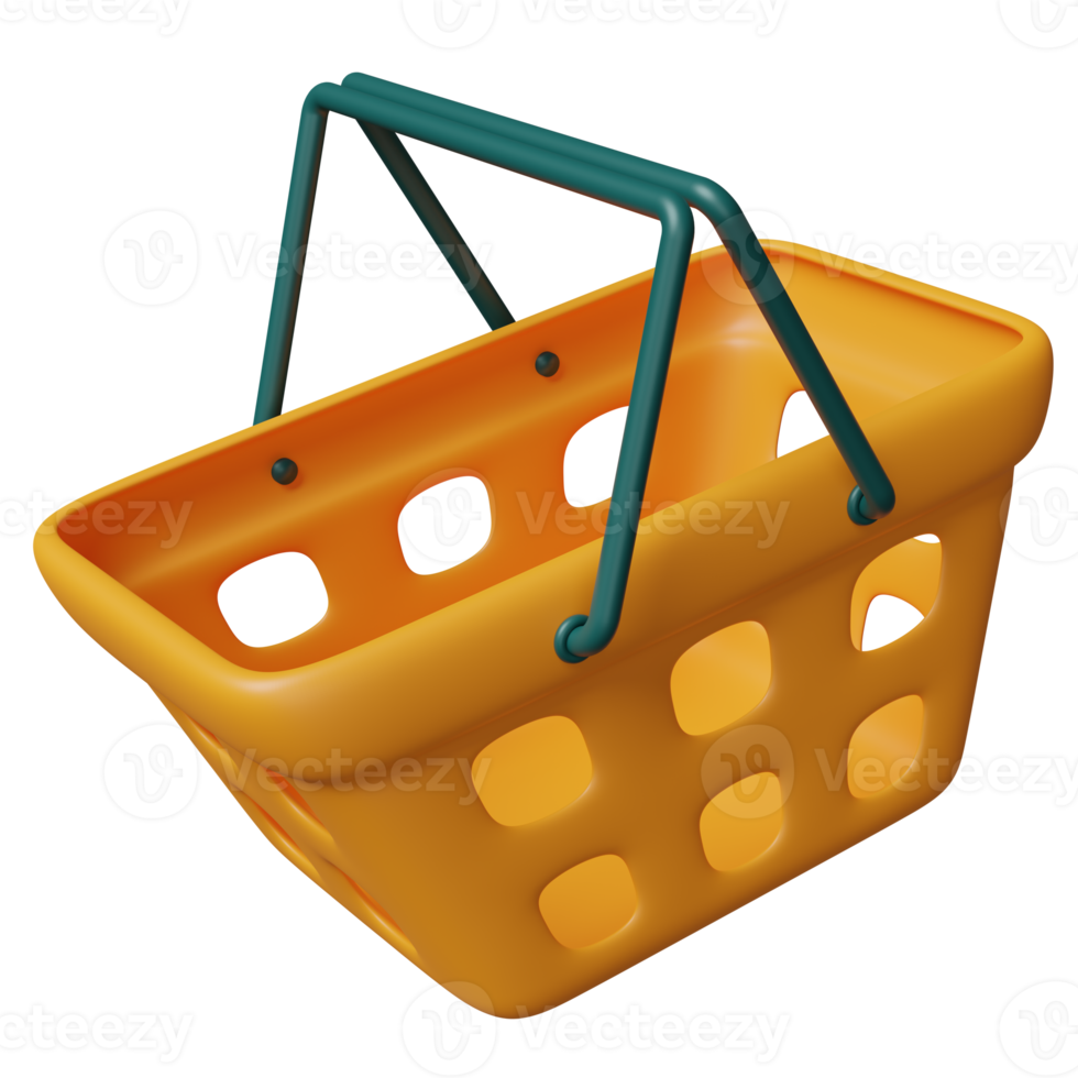 carrinhos de compras laranja vazios ou cesta isolada. ilustração 3d do conceito ou renderização 3d png