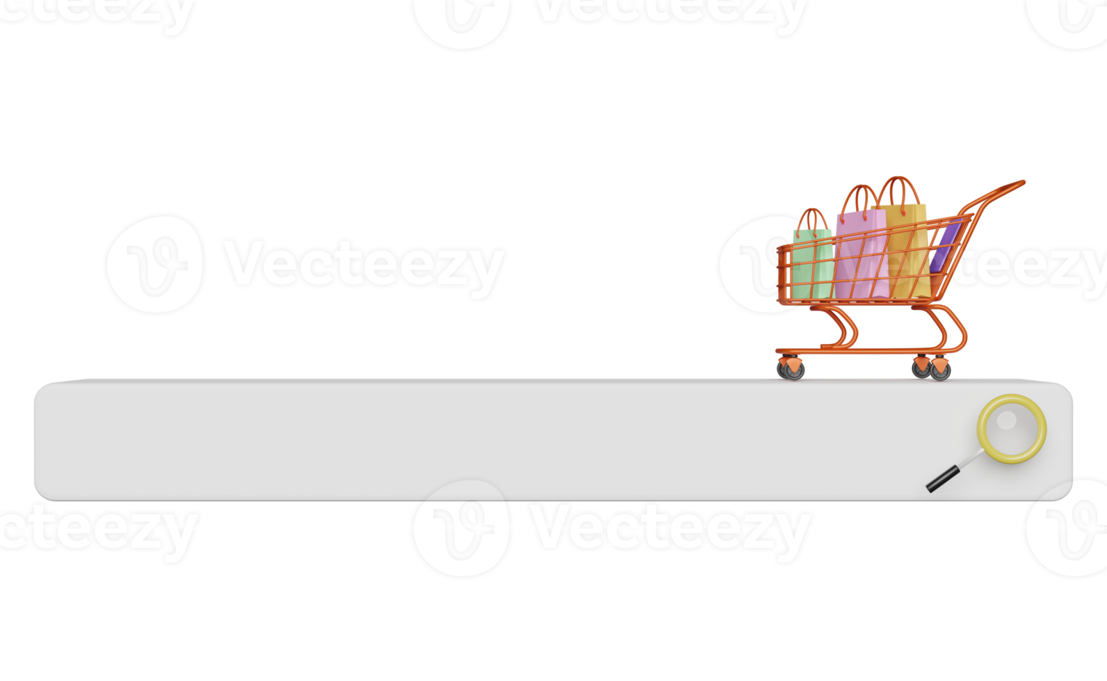 barra laranja de pesquisa em branco com lupa, carrinho de compras, saco de papel isolado. mecanismo de pesquisa mínimo na web ou conceito de navegação na web, ilustração 3d ou renderização 3d png
