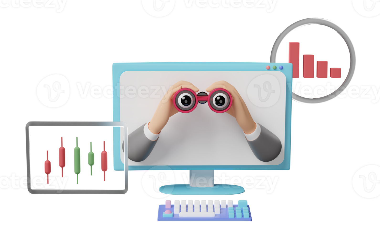 Gráficos 3d y gráficos con la mano de un hombre de negocios sosteniendo binoculares, análisis de datos financieros comerciales, marketing en línea aislado. concepto de estrategia empresarial, ilustración 3d png