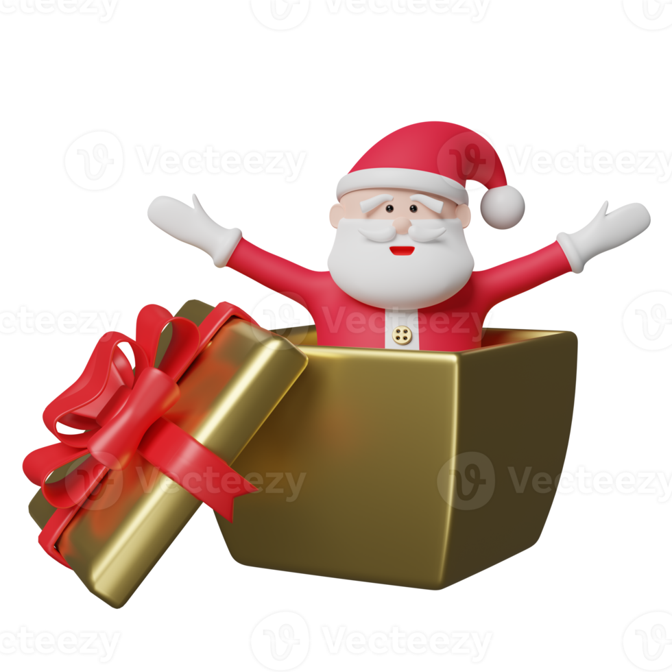 Santa claus in golden color gift box isolated. website, poster or Happiness cards, festive New Year concept, 3d illustration or 3d render png