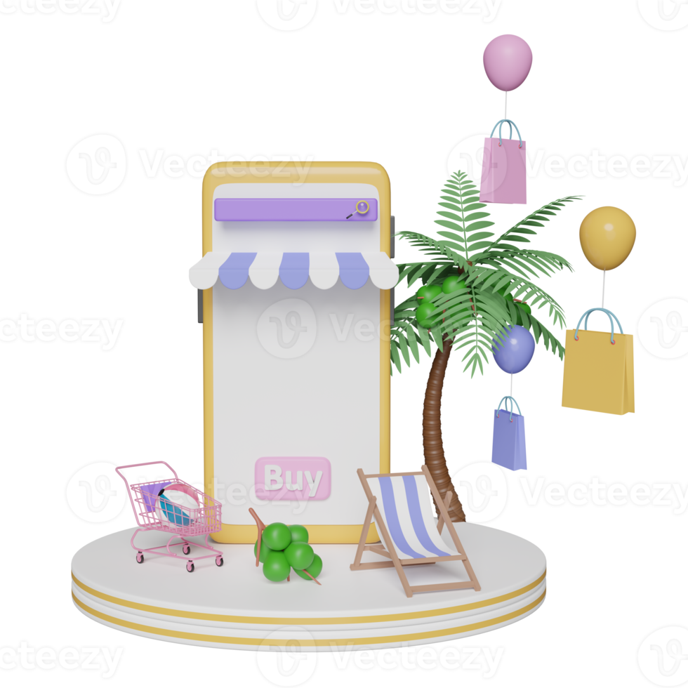 stage podium with yellow mobile phone or smartphone store front,beach chair,Inflatable flamingo,palm leaf,shopping paper bags,online shopping summer sale concept, 3d illustration or 3d render png