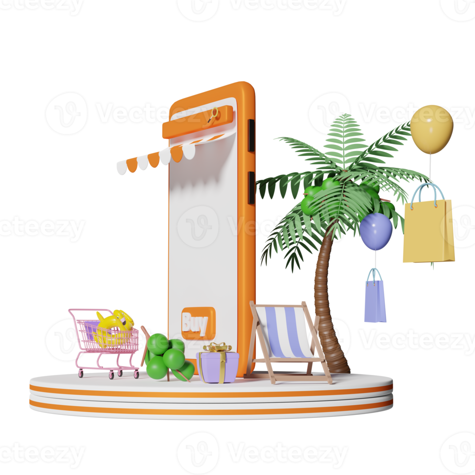 podium de scène avec devanture de magasin de téléphone portable ou de smartphone orange, chaise de plage, flamant rose gonflable, feuille de palmier, sacs en papier commercial, concept de vente d'été en ligne, illustration 3d ou rendu 3d png