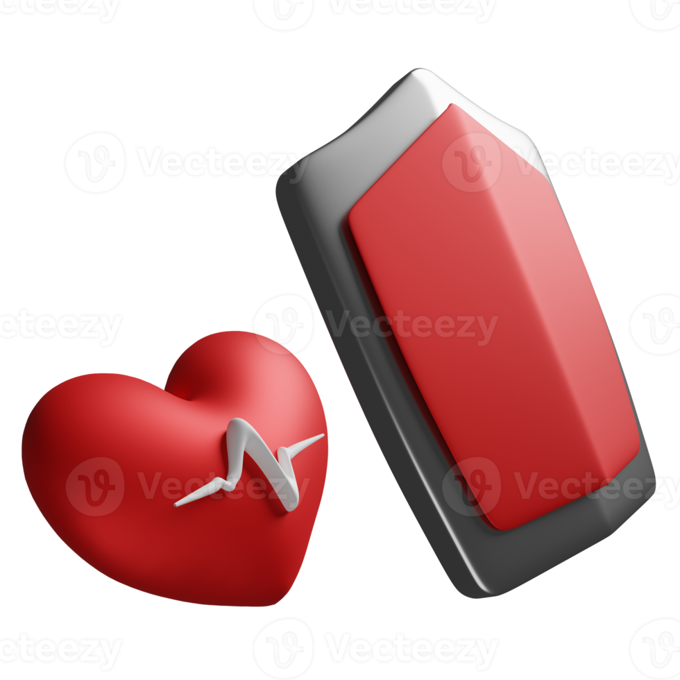 red heart and blood pressure heart rate with shield isolated. health love or world heart day concept, 3d illustration or 3d render png