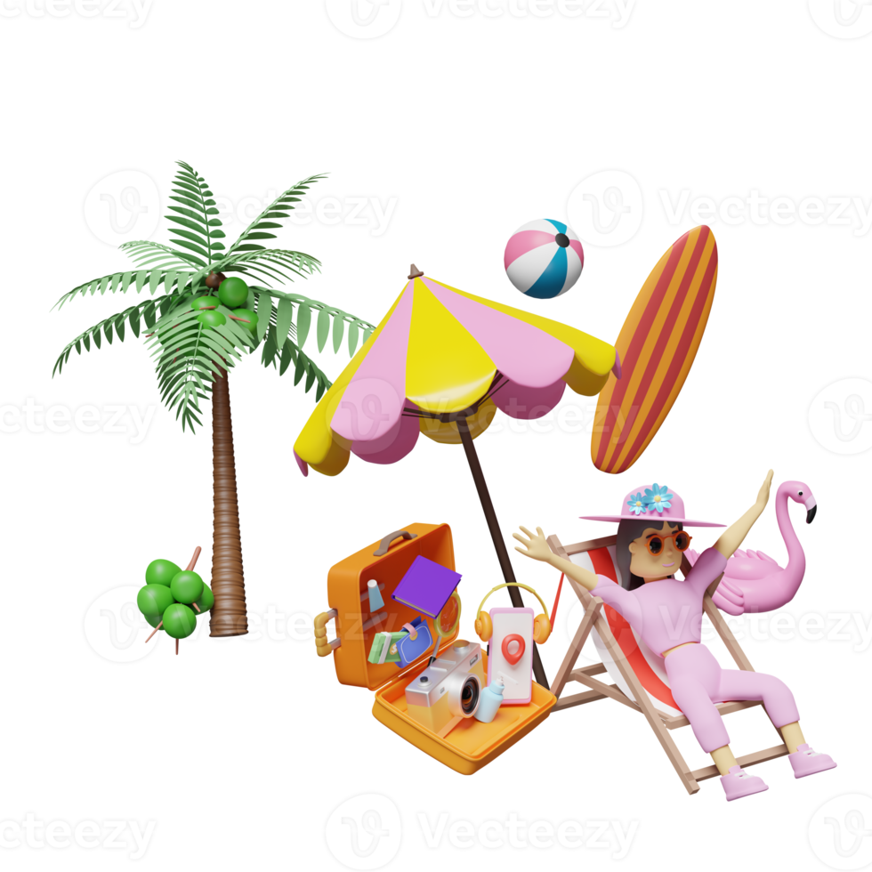 sommerreise mit zeichentrickfigur frau sitzt auf strandkorb, orangefarbener koffer, surfbrett, regenschirm, aufblasbarer flamingo, palme, kamera isoliert. konzept 3d-illustration, 3d-rendering png