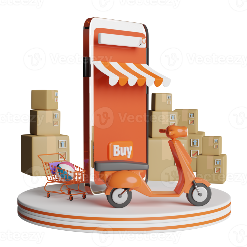 podium et téléphone portable ou smartphone orange avec devanture de magasin, scooter, boîte de marchandises, panier isolé. livraison en ligne ou concept de suivi de commande en ligne, illustration 3d ou rendu 3d png