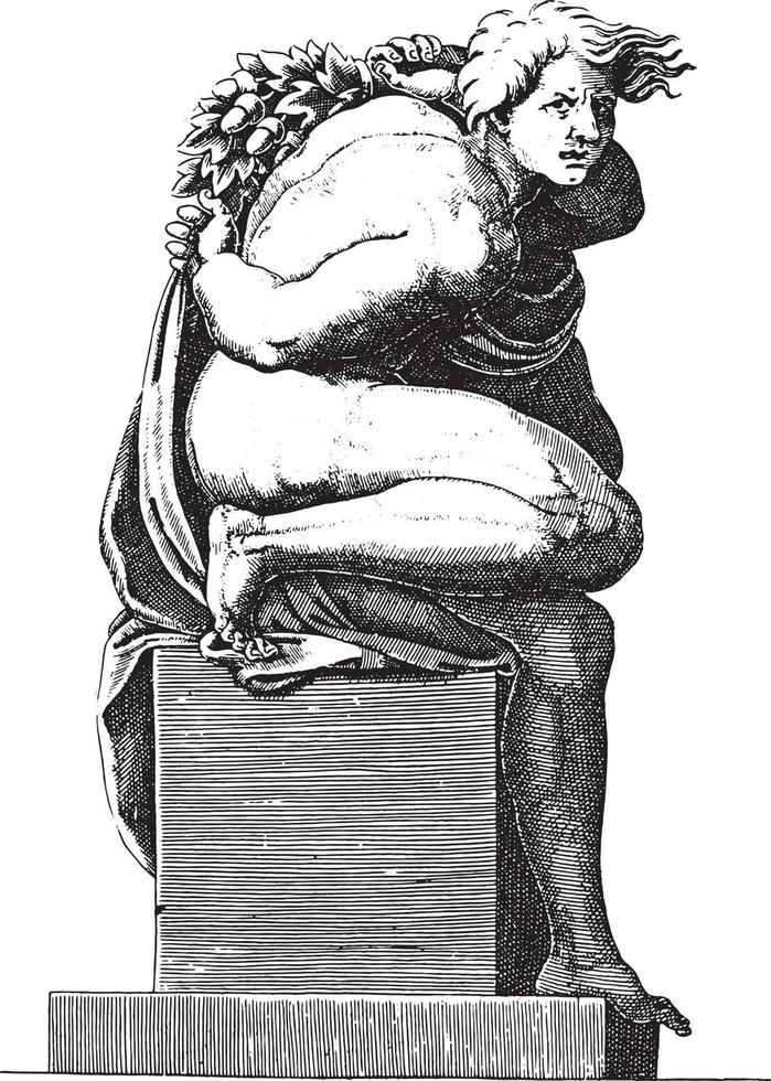 Seated Nude, Adamo Scultori, after Michelangelo, 1585, vintage illustration. vector