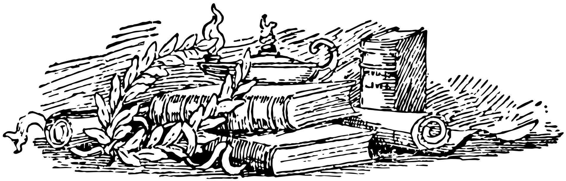 Books and scrolls are in this image, vintage engraving. vector