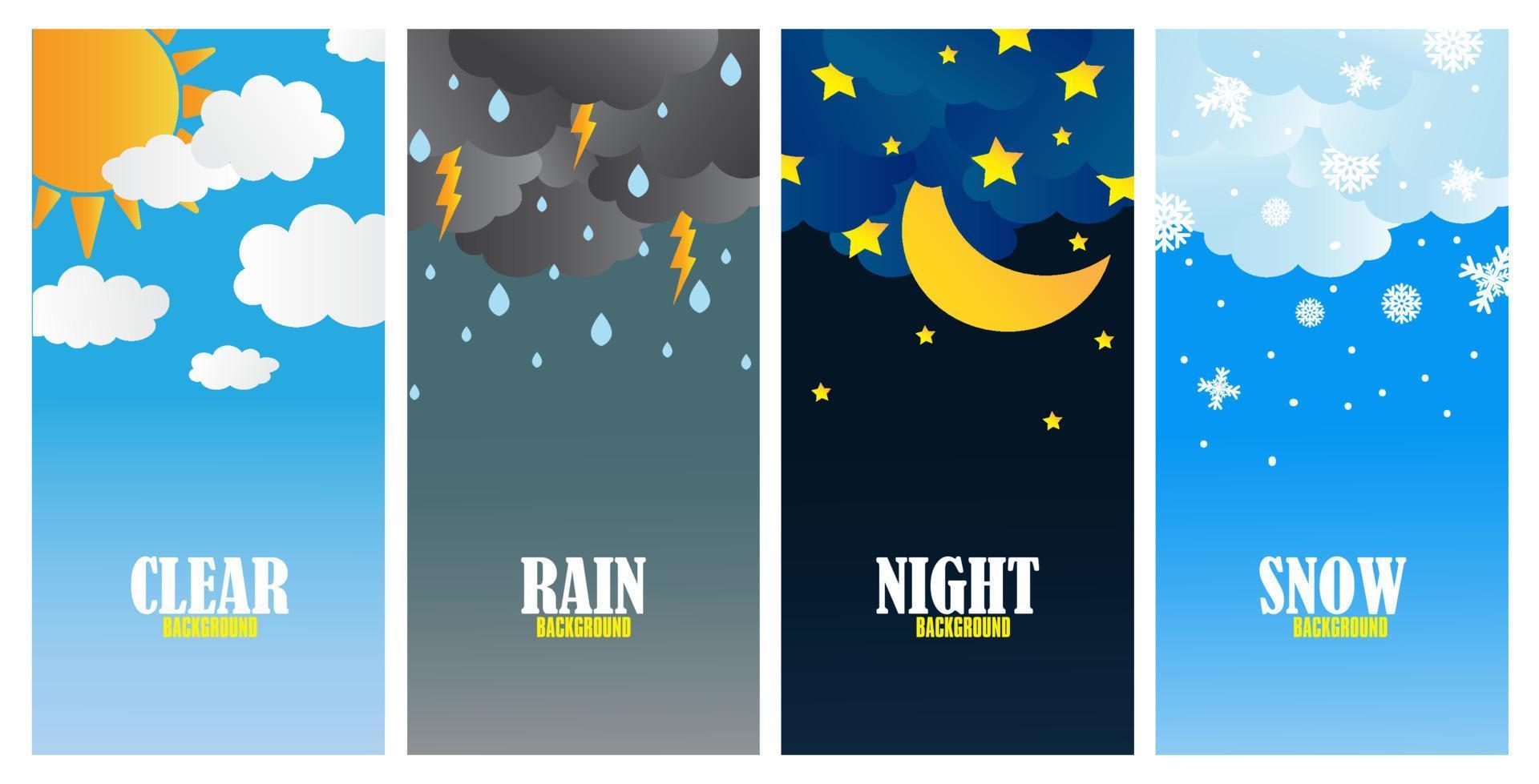 Set Vertical Background of Weather Forecast App Widgets. Sunny Day, Thunderstorm, Rain, Night, and Winter Snow. Vector Illustration.