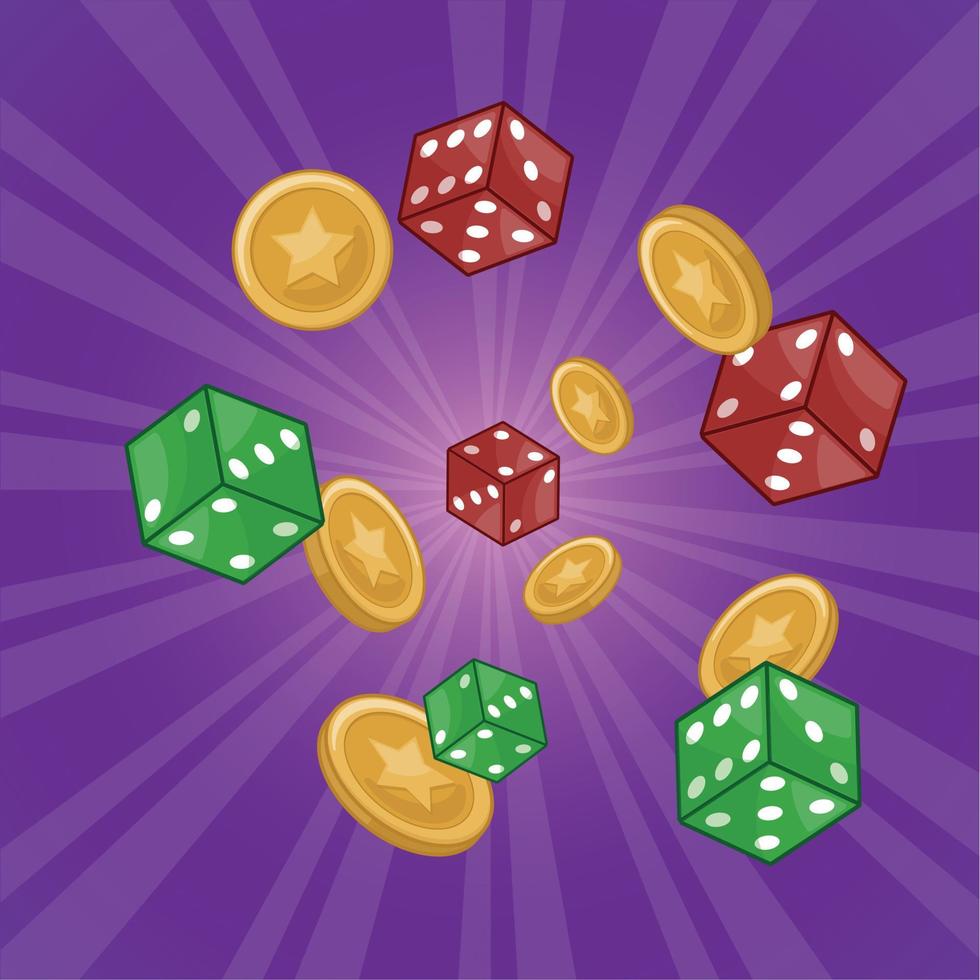 coloridos dados de casino voladores y monedas de oro ilustración vector