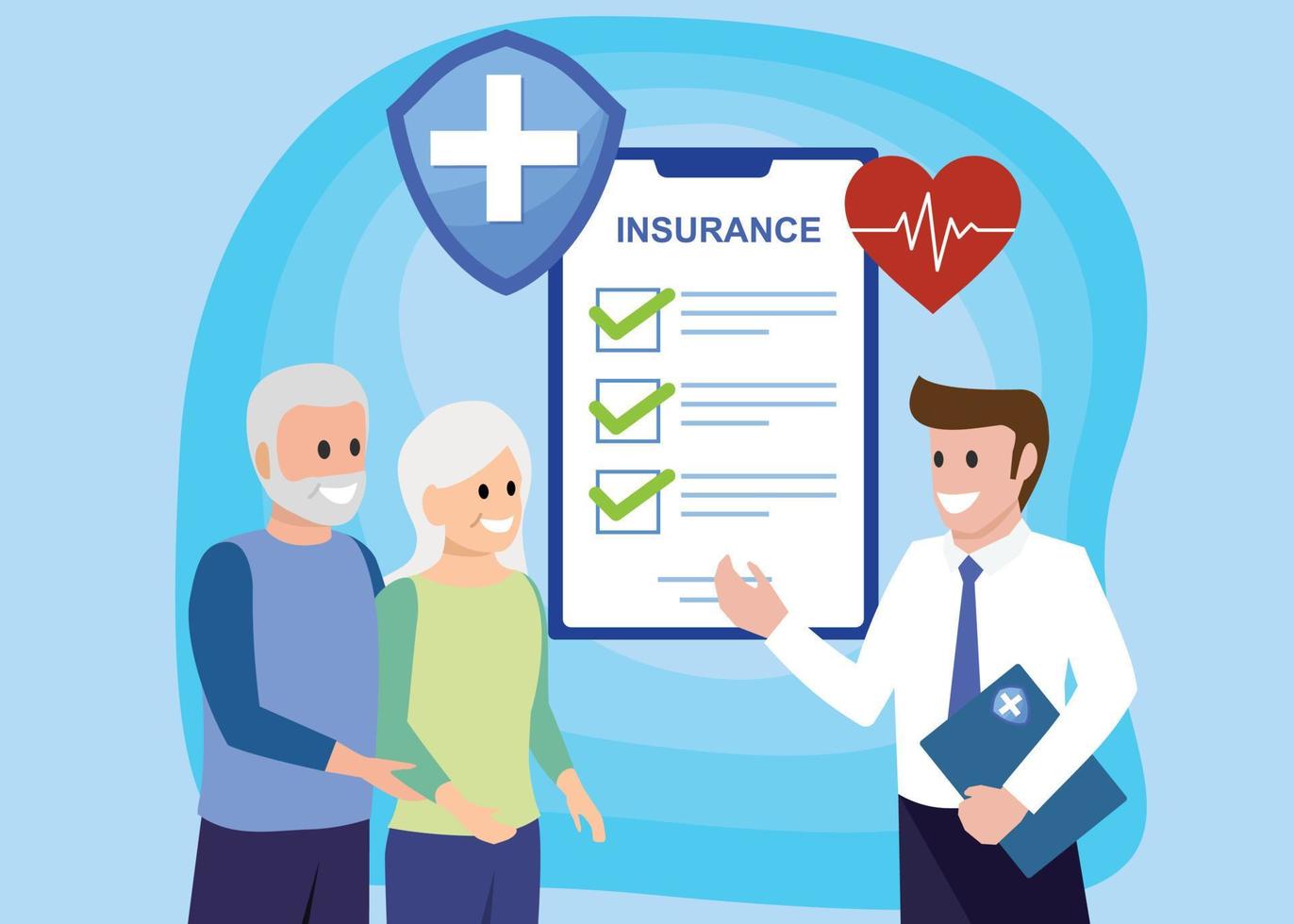 Insurance agent explain package senior couple to protect from life health accident. Health and life insurance policy, healthcare concept vector