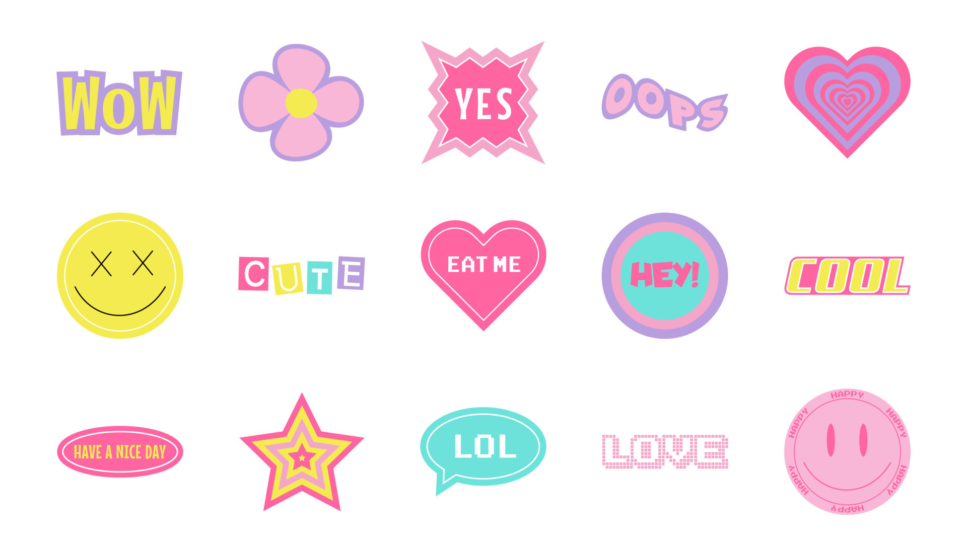 Premium Vector  Collection of cute stickers words and sounds written in  cute cool font y2k style