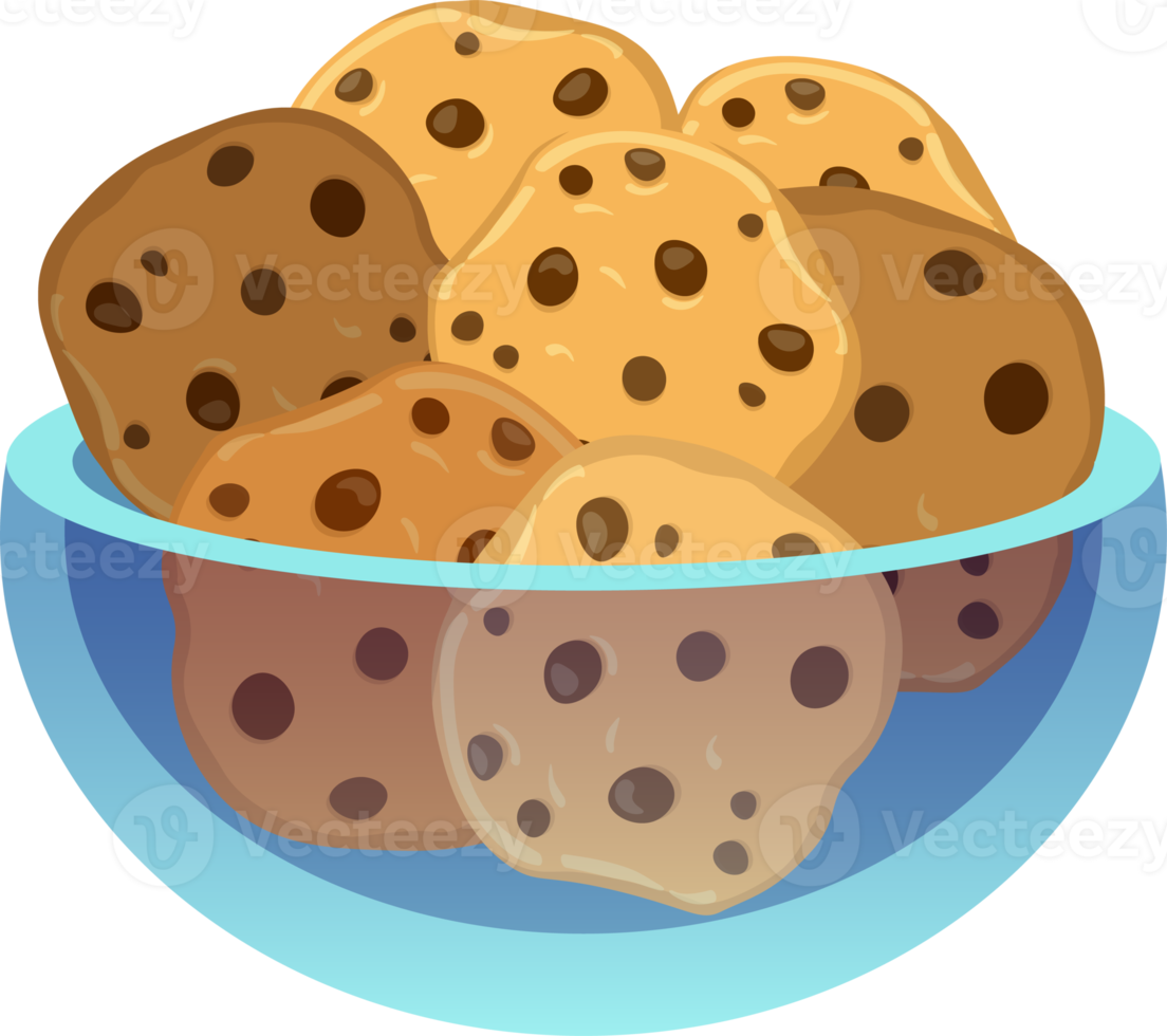 Chocolate chip cookie plate. Delicious cookies. Clear glass plate. Colorful png illustration on transparent background.