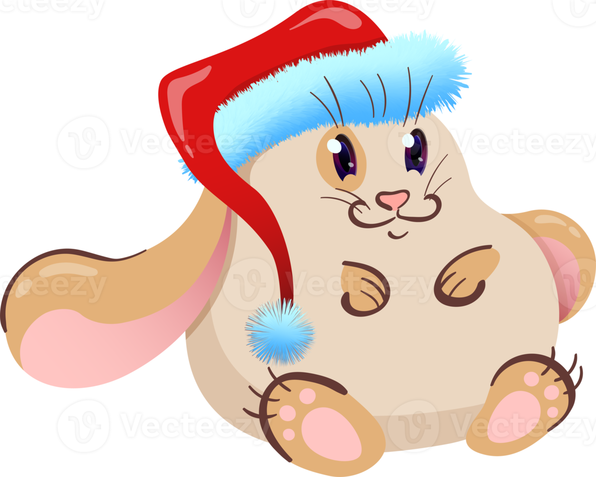 Cute rabbit in Santa's red hat. Pet in cartoon style. Colorful sticker on transparent background. png