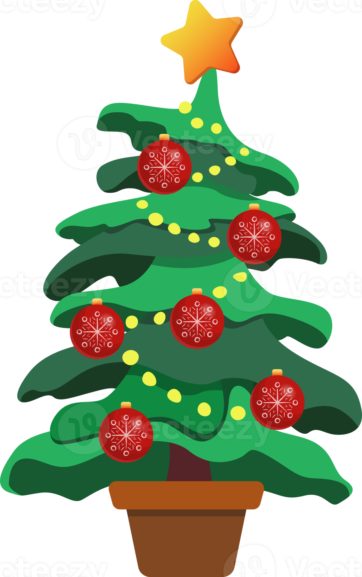 Large green potted Christmas tree. Red Christmas balls. Star on top of