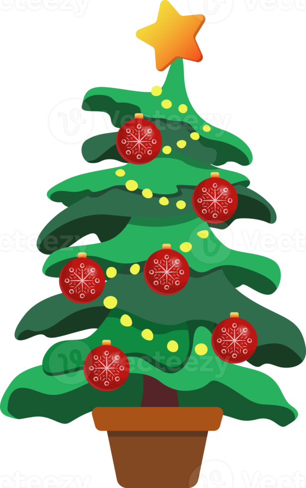Large green potted Christmas tree. Red Christmas balls. Star on top of the Christmas tree. New Year's Eve. Colorful illustration on transparent background. png