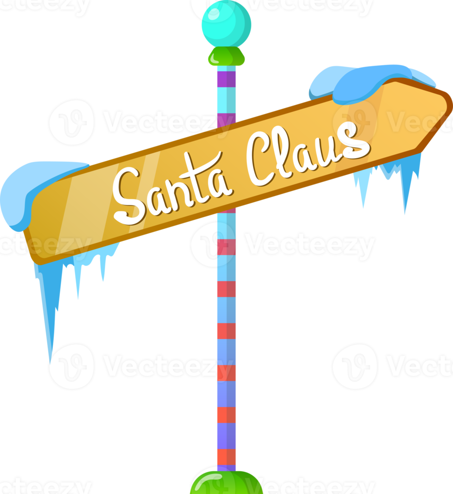 Frozen guide sign in the snow. Icicles. Santa Claus. Colorful png illustration on transparent background.