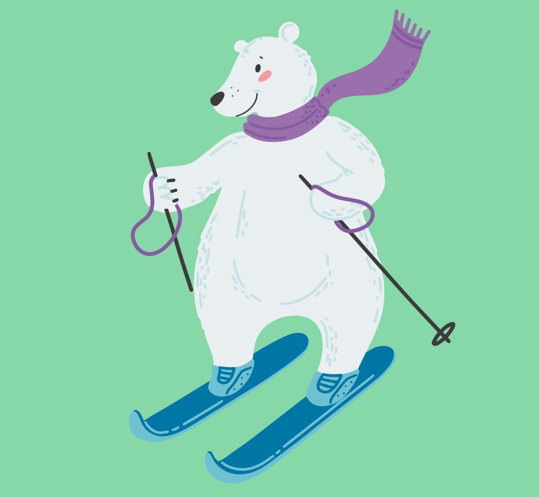 White polar bear in skis. Winter sport. Colorful vector illustration in a cute flat style. Vector illustration design.