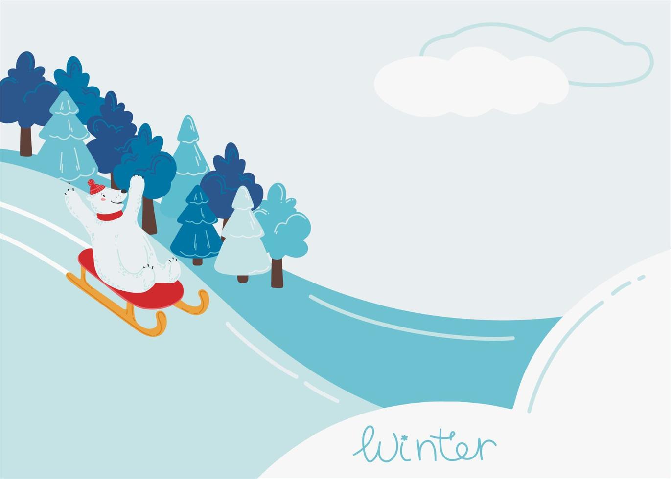 ilustración con un lindo oso polar que está en trineo. paisaje de nieve invernal y actividad invernal. fondo estacional con lugar para texto. ilustración vectorial en un estilo plano. vector