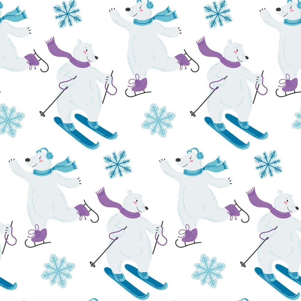 Seamless pattern with a cute polar bear skiing. Illustration with winter sports. Winter activity. Vector illustration in a flat style.