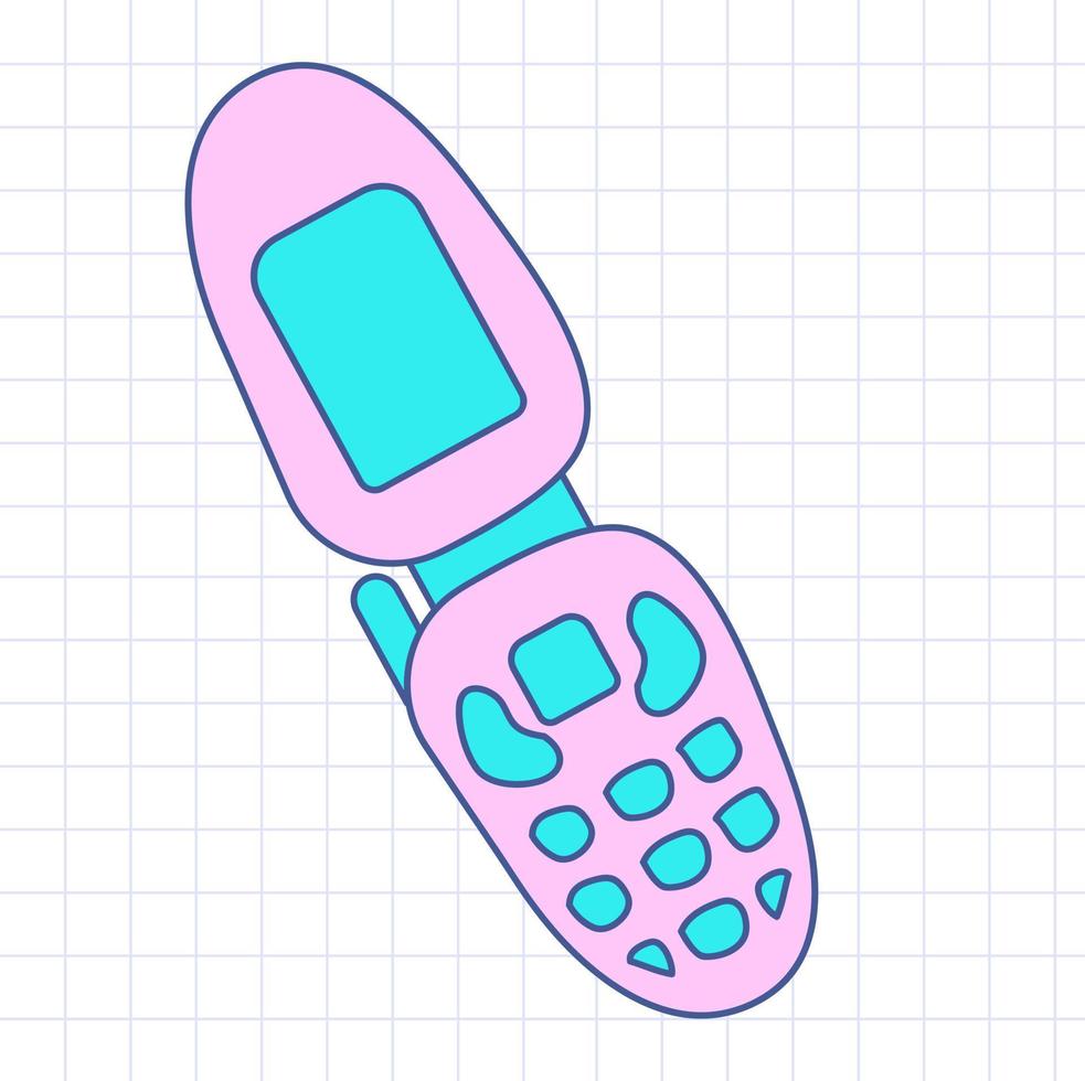 Poster with clamshell. Cute and stylish mobile phone. Old model from 90s. Hand drawn vector illustration. Vintage electronics concept.