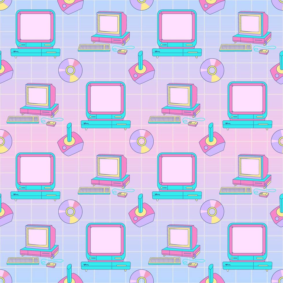 Retrowave pattern with retro PC y2k elements. Collection of user interface elements and illustration of technology. Vector colorful seamless pattern. Nostalgia for the 1980s-1990s