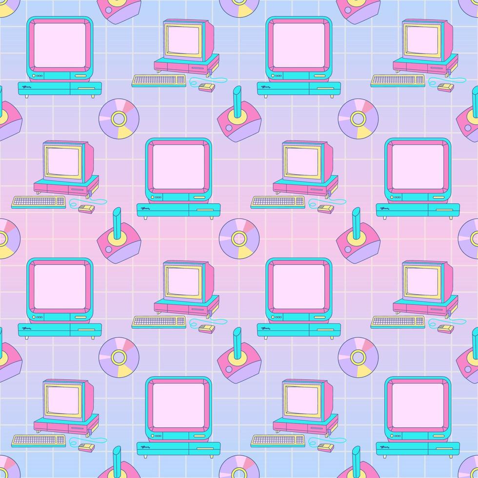 Retrowave pattern with retro PC y2k elements. Collection of user interface elements and illustration of technology. Vector colorful seamless pattern. Nostalgia for the 1980s-1990s