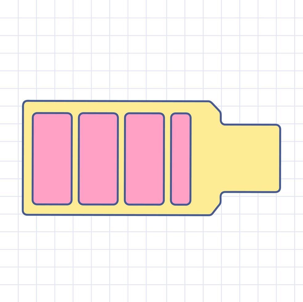Retrowave battery with incomplete y2k charge. Old battery icon on grid background. Vector colorful illustration