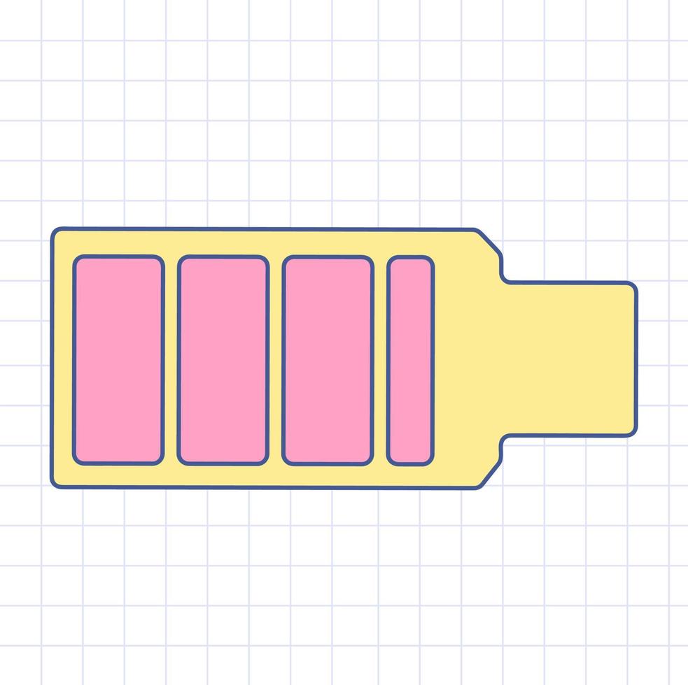 batería de microondas con carga y2k incompleta. icono de batería antigua en el fondo de la cuadrícula. ilustración colorida del vector