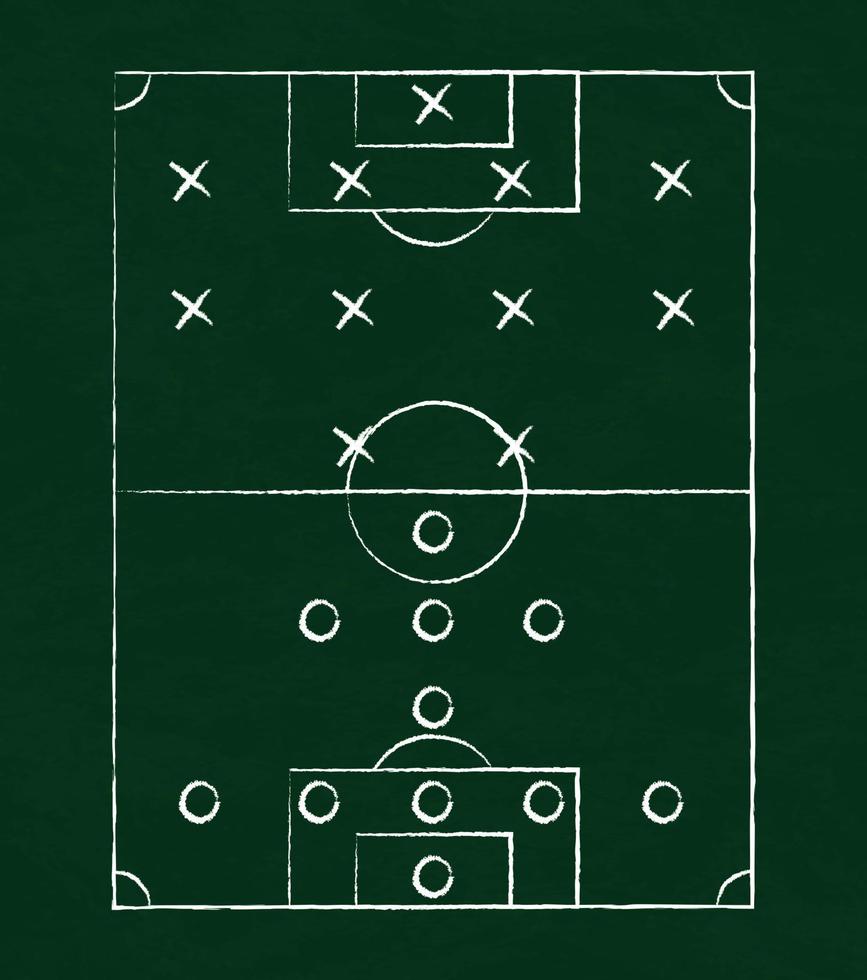 fútbol y tácticas de fútbol dibujadas con tiza blanca en un tablero verde - vector
